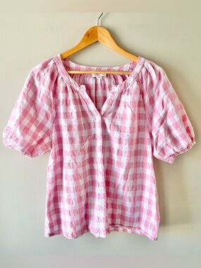 beachlunchlounge Pink Gingham Button-Front Puff Sleeve Blouse Size Medium Cotton